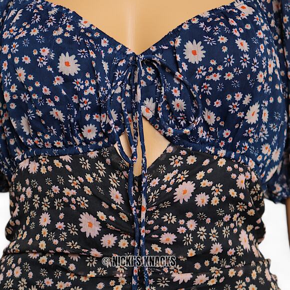 Free People x Revolve Tessa Mini Dress Cut Out Floral Print Ruched Blue Size M - Picture 4 of 11